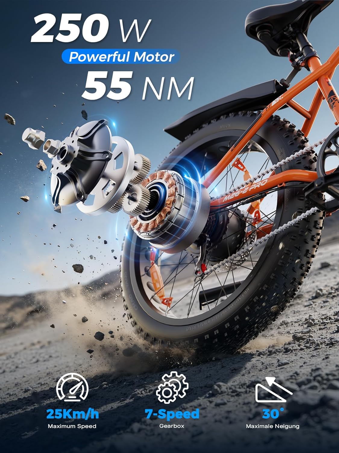 M26-2 Pro Electric Fat Bike 25km/h – 250W Motor 48V 13Ah 624Wh Removable Battery 26" × 4" Fat Tyres 7-Speed